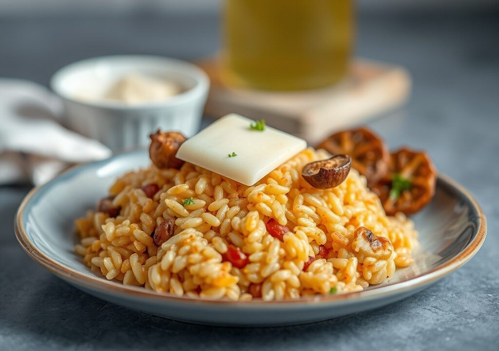 Risotto-frituur met kern van gesmolten kaas, AI-gegenereerde illustratie