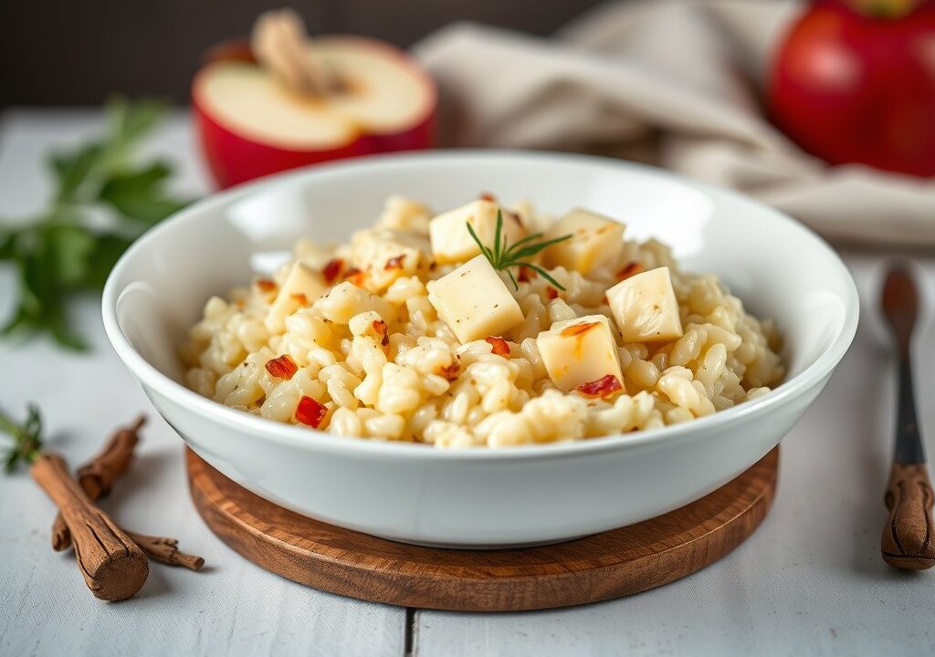 Risotto met appel en gorgonzola, AI-gegenereerde illustratie