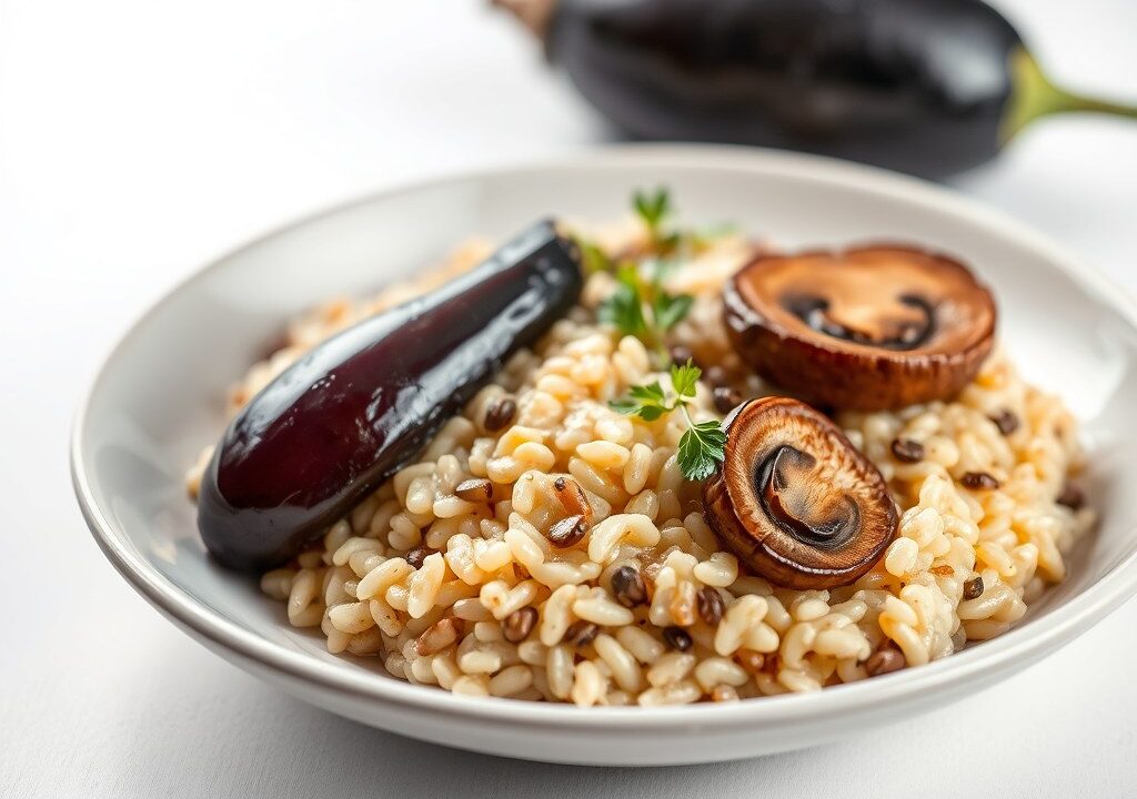 Risotto met aubergine en paddestoelen, AI-gegenereerde illustratie