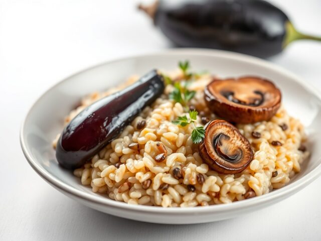 Risotto met aubergine en paddestoelen