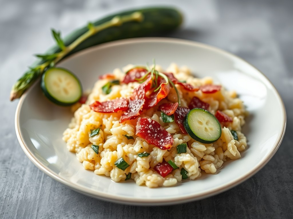 Risotto met bacon en courgette, AI-gegenereerde illustratie