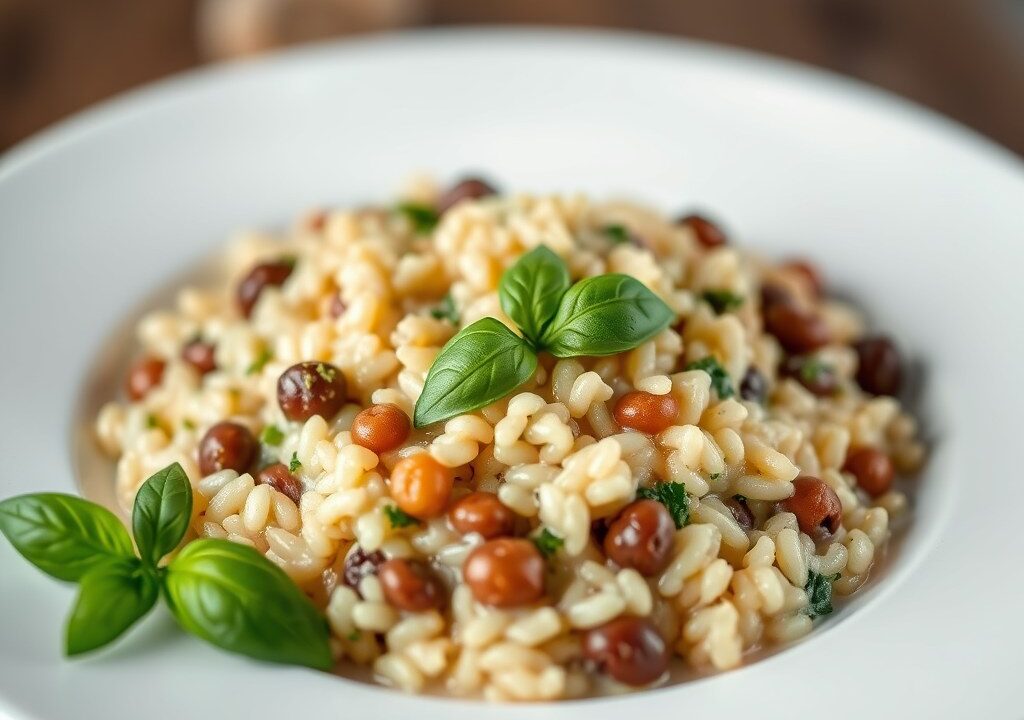 Risotto met basilicum en boontjes, AI-gegenereerde illustratie