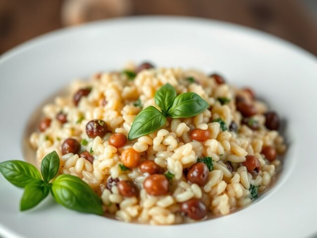 Risotto met basilicum en boontjes
