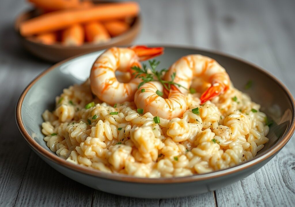 Risotto met garnalen, krab en maïs — AI-gegenereerde illustratie