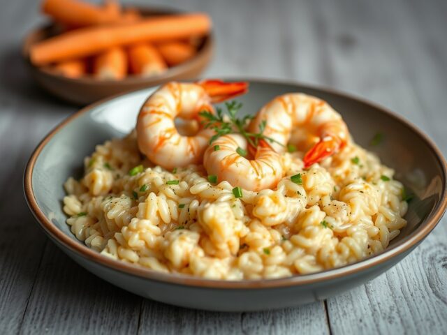 Risotto met garnalen, krab en maïs — AI-gegenereerde illustratie