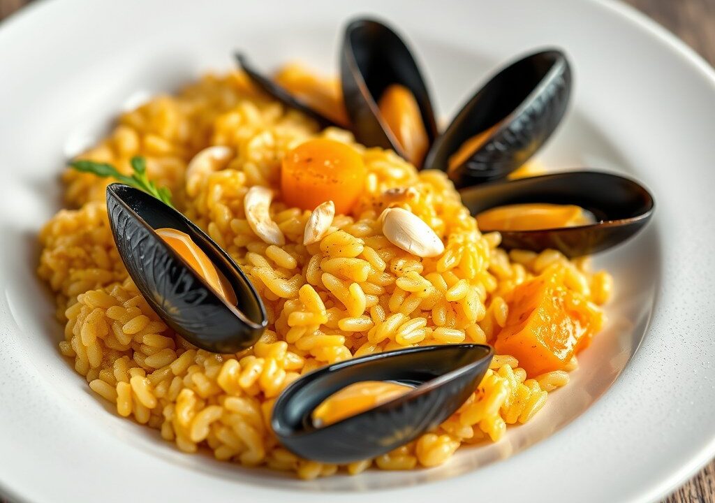 Risotto met Mosselen en Pompoen, AI-gegenereerde illustratie