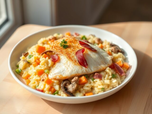 Risotto met najaarsgroenten en gebakken steenbolk
