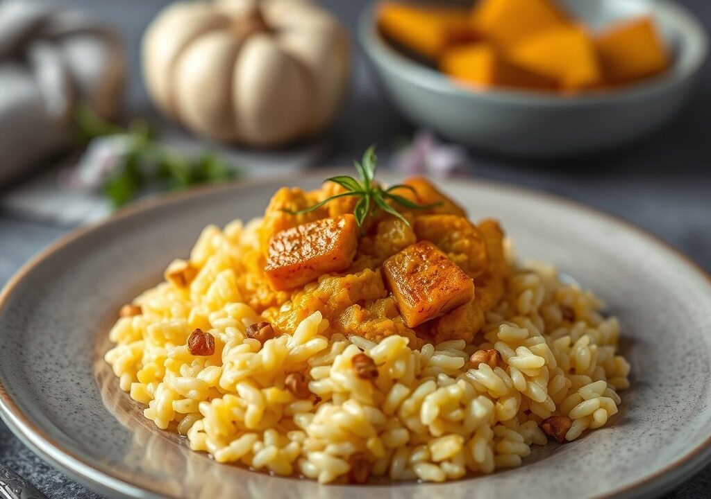 Risotto met pompoen, salie en pijnboompitten, AI-gegenereerde illustratie