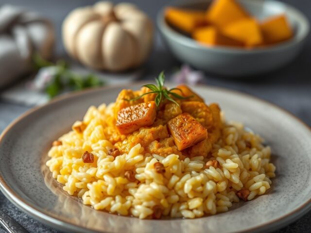 Risotto met pompoen, salie en pijnboompitten — AI-gegenereerde illustratie