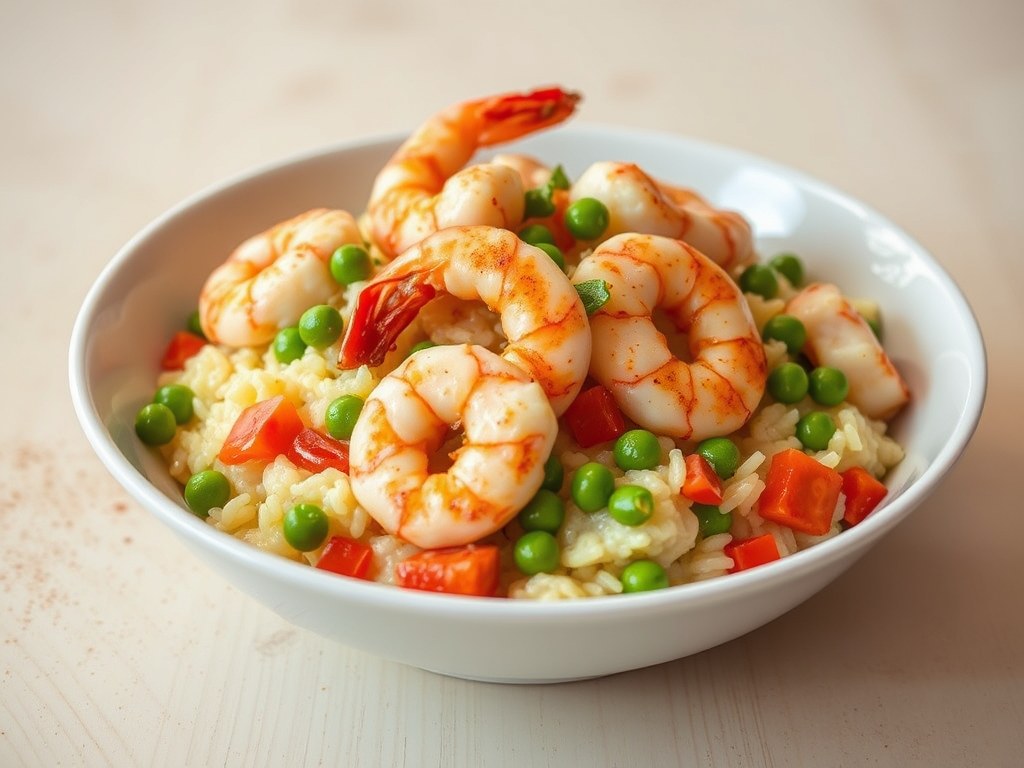 Risotto met roergebakken tijgergarnalen, AI-gegenereerde illustratie