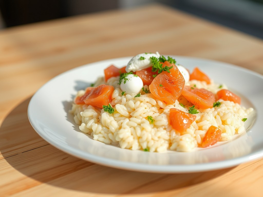 Risotto met zalm, whisky en ricotta, AI-gegenereerde illustratie