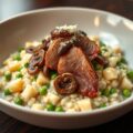 Risotto van aardappel en erwtjes met gerookte eendenfilet