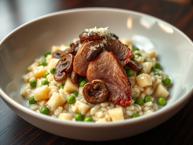 Risotto van aardappel en erwtjes met gerookte eendenfilet