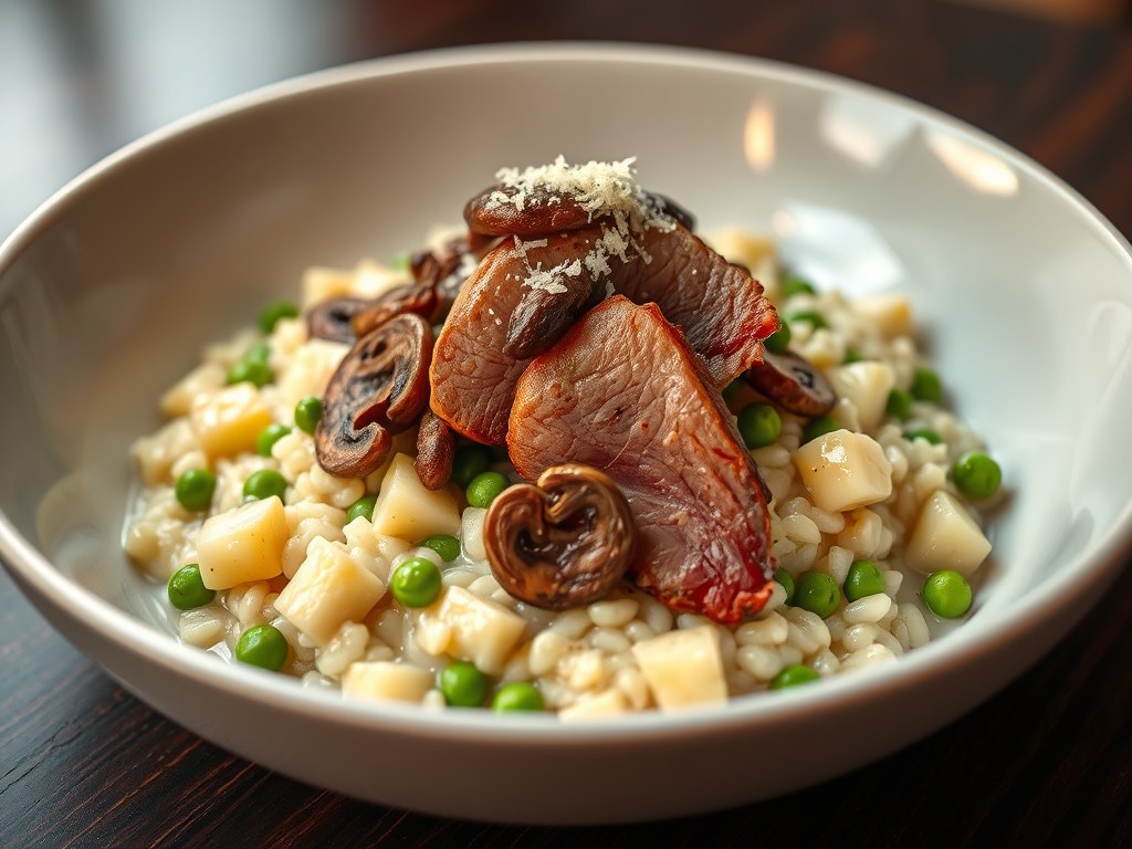 Risotto van aardappel en erwtjes met gerookte eendenfilet, AI-gegenereerde illustratie