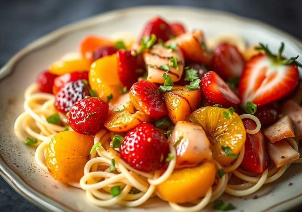 Rocketsalade met Parmaham en aardbeiendressing, AI-gegenereerde illustratie