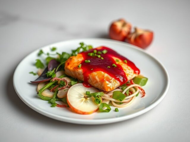 Rode bietensaus met zalm en Aziatische salade