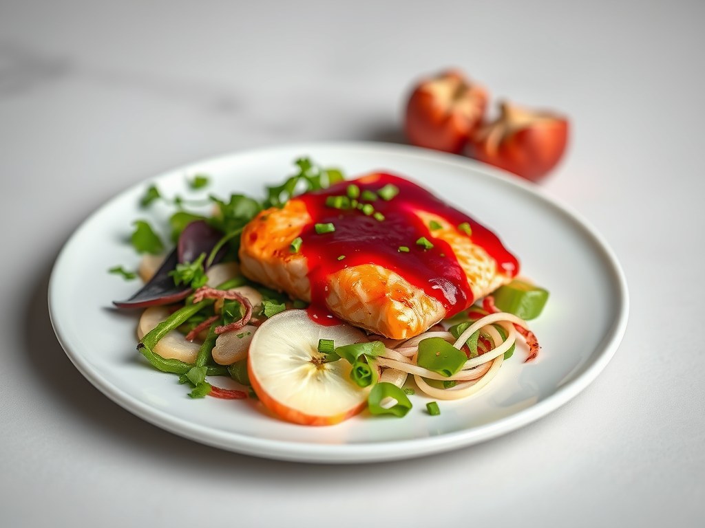 Rode bietensaus met zalm en Aziatische salade, AI-gegenereerde illustratie