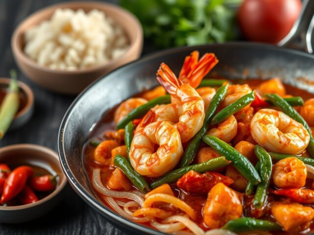 Rode curry met garnalen en maïskolfjes — AI-gegenereerde illustratie