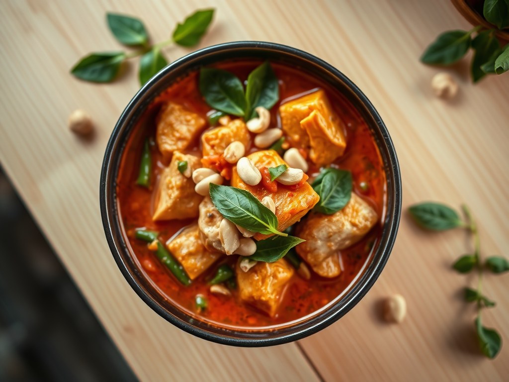 Rode kipcurry met cashewnoten, AI-gegenereerde illustratie