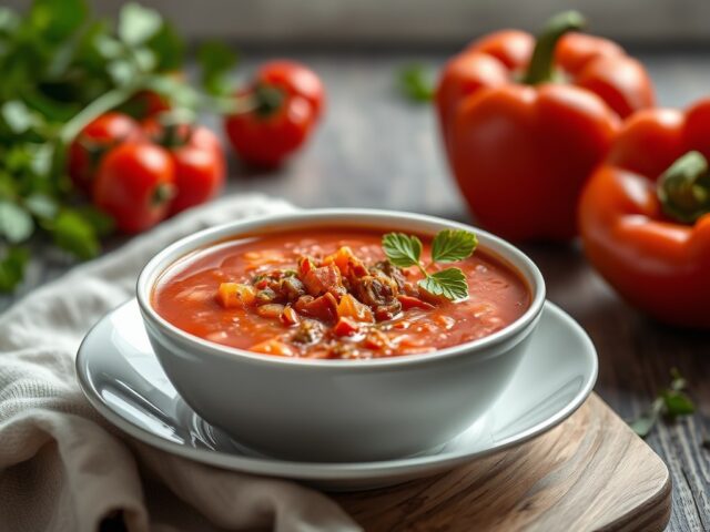 Rode paprikasoep met tapenade — AI-gegenereerde illustratie