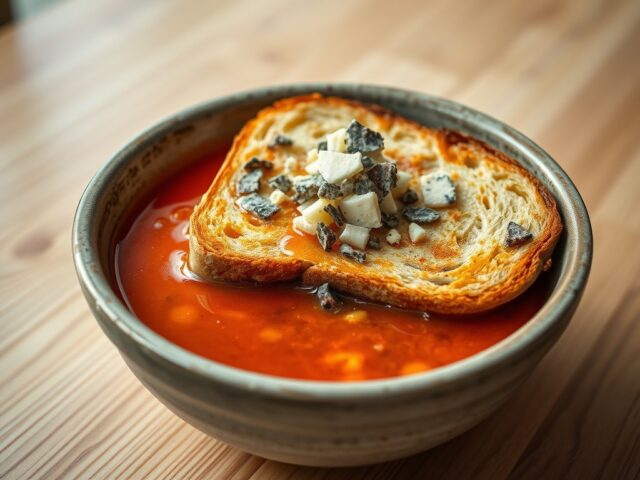 Rode uiensoep, volkorenbrood en blauwschimmelkaas