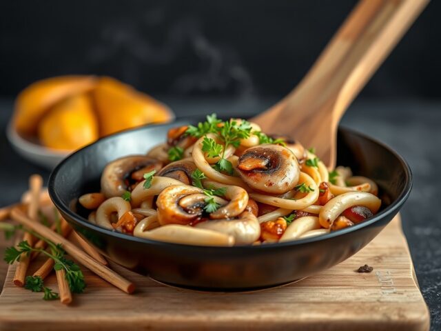 Roerbak van asperges met kalfsvlees en paddestoel