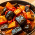 Roerbak van aubergines in Thaise penang curry