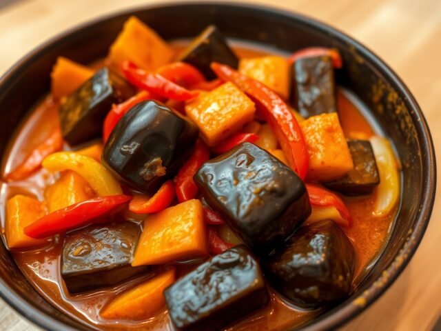Roerbak van aubergines in Thaise penang curry