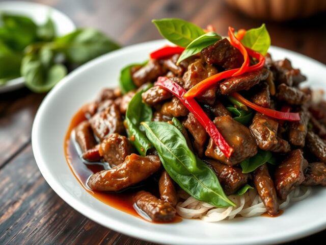 Roerbak van biefstuk met Thaise basilicum (pad kra pao nua)