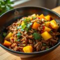 Roerbak van gekruid gehakt met vers fruit