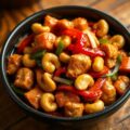 Roerbak van kip en cashewnoten in Thaise chili pasta