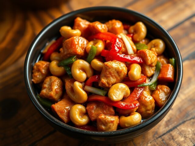 Roerbak van kip en cashewnoten in Thaise chili pasta