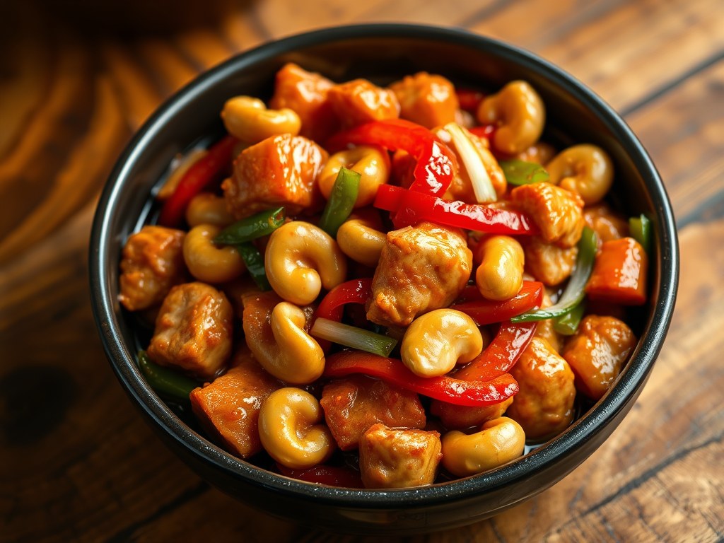 Roerbak van kip en cashewnoten in Thaise chili pasta, AI-gegenereerde illustratie