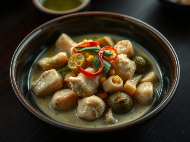Roerbak van Thaise groene curry met kip en groenten