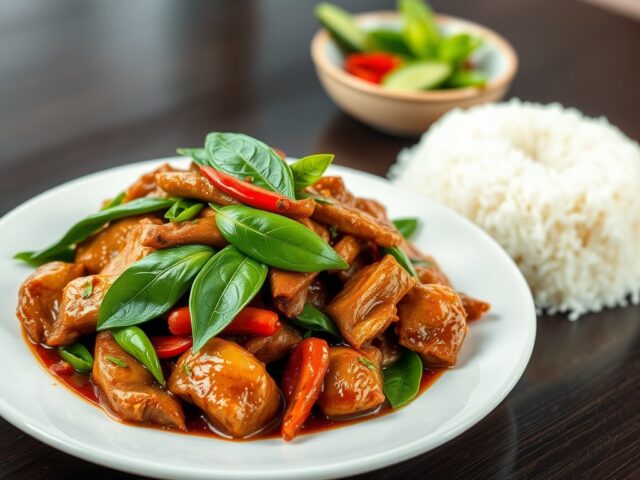 Roerbak van varkensvlees met Thaise basilicum (pad kra pao moo saap)