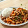 Roerbakschotel van kalkoen, bambooshoots + oestersaus