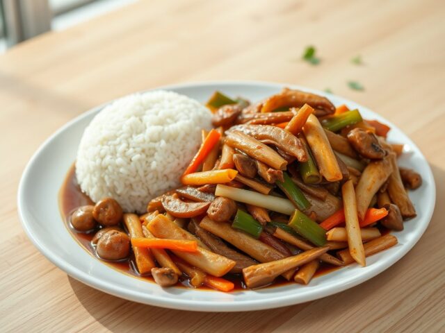 Roerbakschotel van kalkoen, bambooshoots + oestersaus
