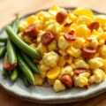 Roerei, chorizo en tuinbonen