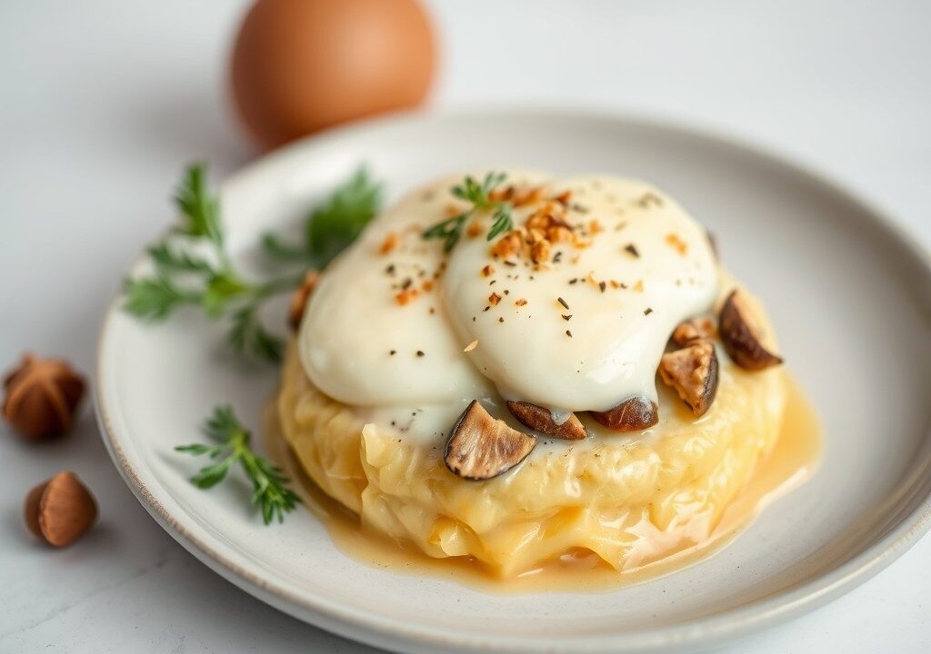 Roerei met Witte-Truffel en Porcini-Crème, AI-gegenereerde illustratie