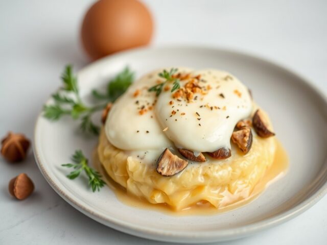Roerei met Witte-Truffel en Porcini-Crème — AI-gegenereerde illustratie