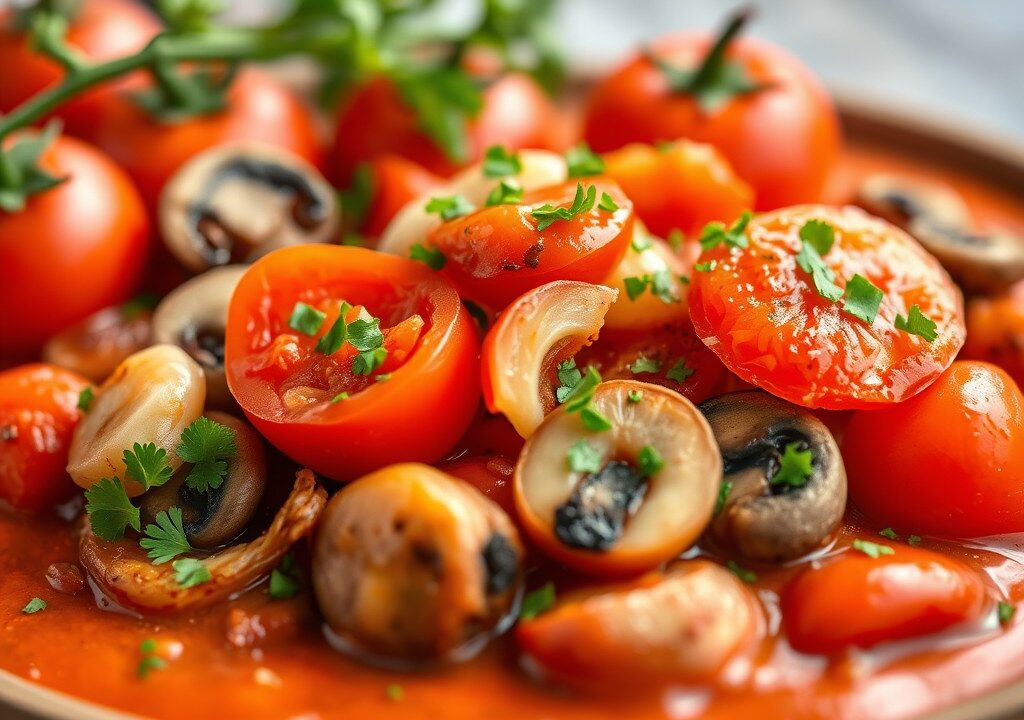 Roerei- tomatenschotel met ui en champignons, AI-gegenereerde illustratie