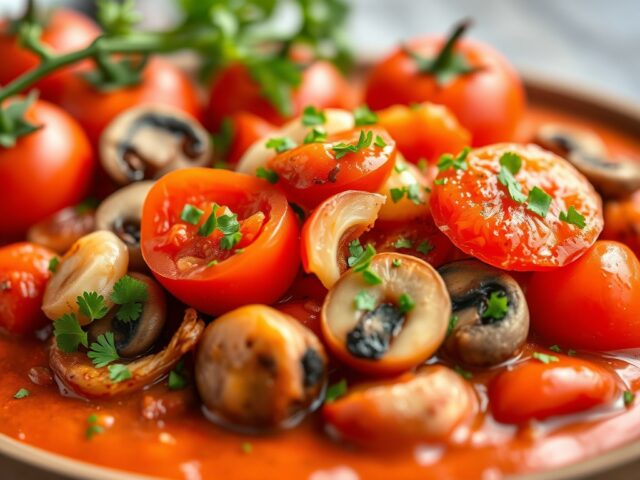 Roerei- tomatenschotel met ui en champignons