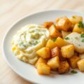 Roereieren met prei, heilbot en aardappelen