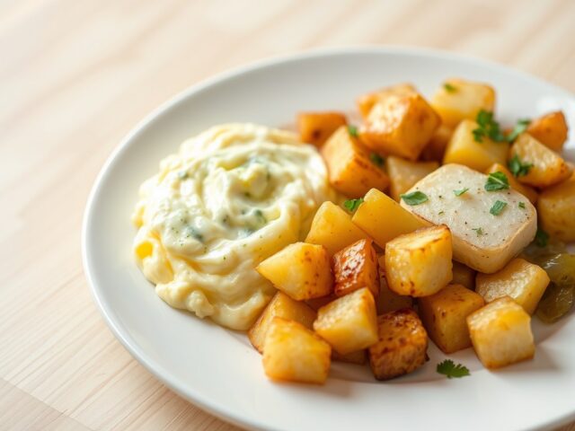 Roereieren met prei, heilbot en aardappelen