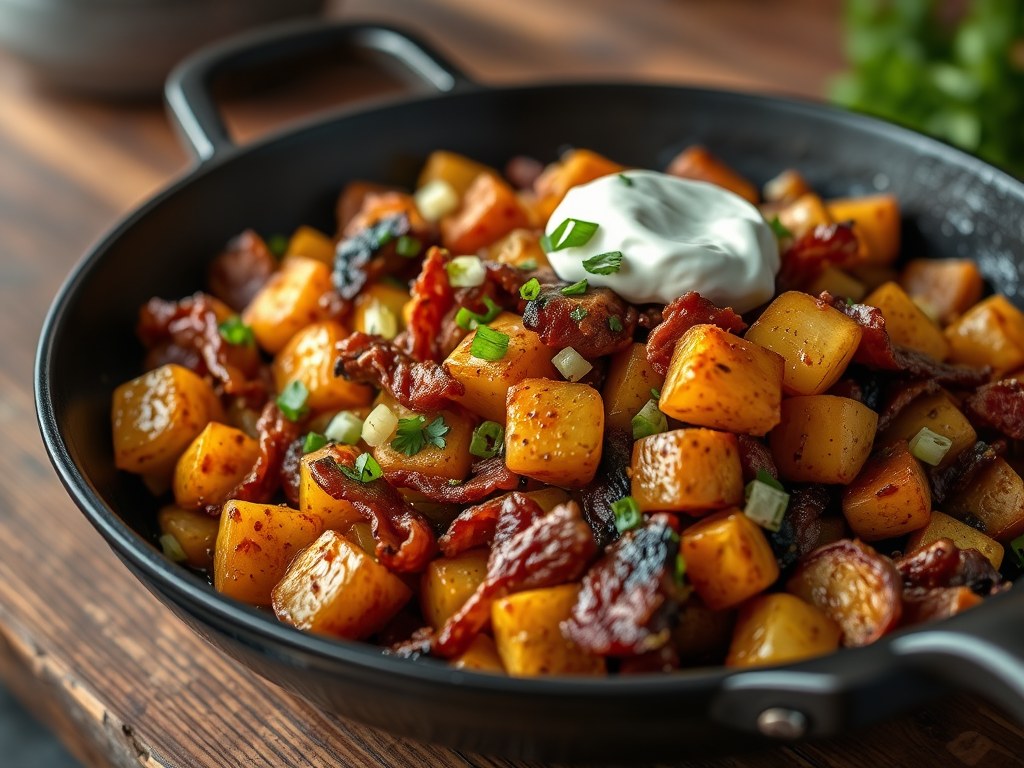 Roergebakken aardappeltjes met shoarma, AI-gegenereerde illustratie