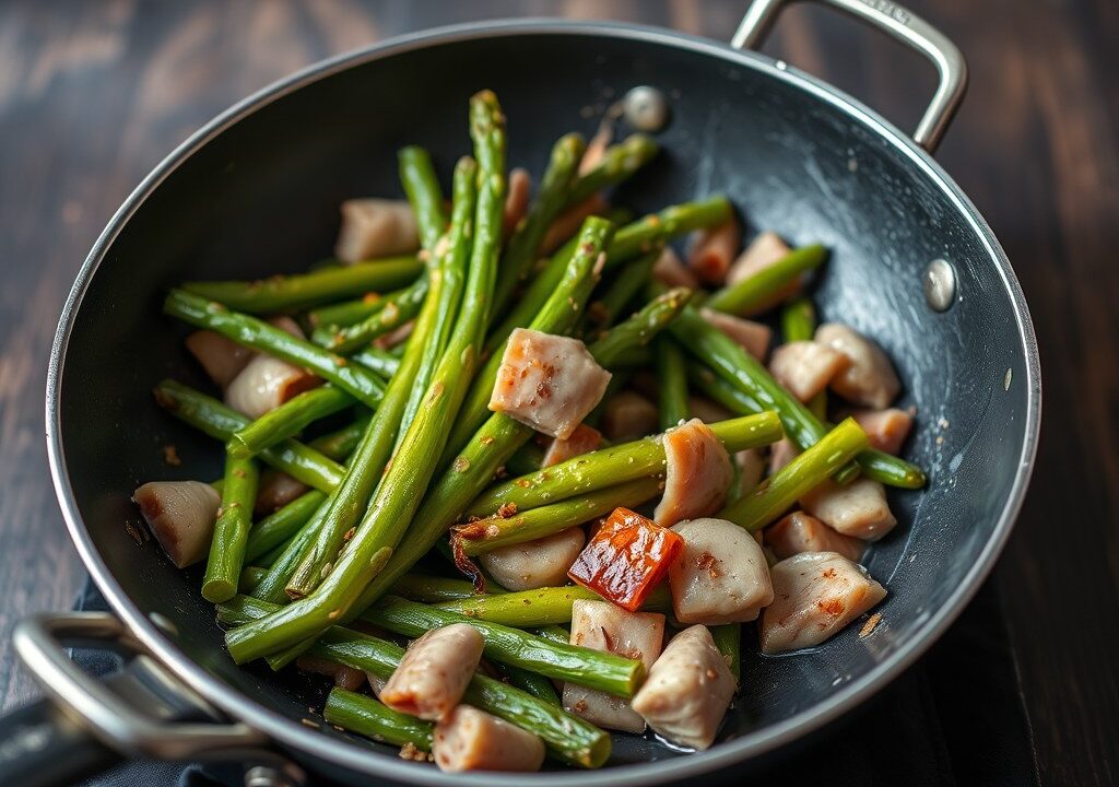 Roergebakken groene asperges met beenham, AI-gegenereerde illustratie