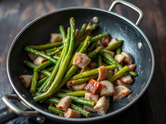 Roergebakken groene asperges met beenham