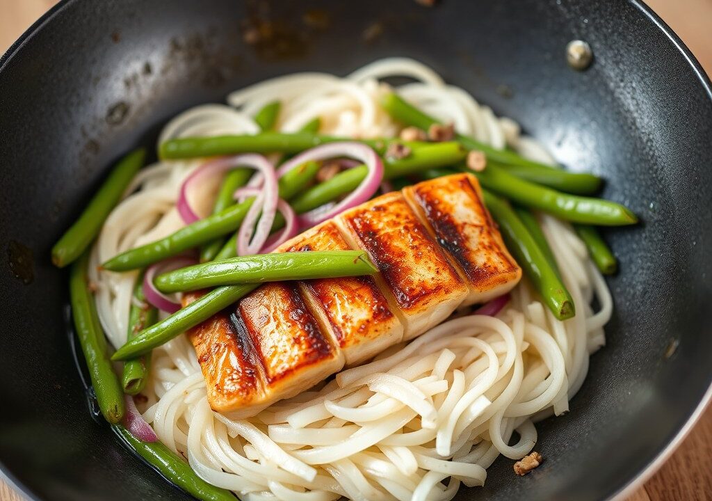 roergebakken pangasius met sperziebonen, AI-gegenereerde illustratie