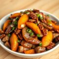 Roergebakken varkensvlees met pecannoten en perzik