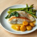 Rog gefarceerd met verse spinazie, tempura van groene asperges en geglaceerde raapjes